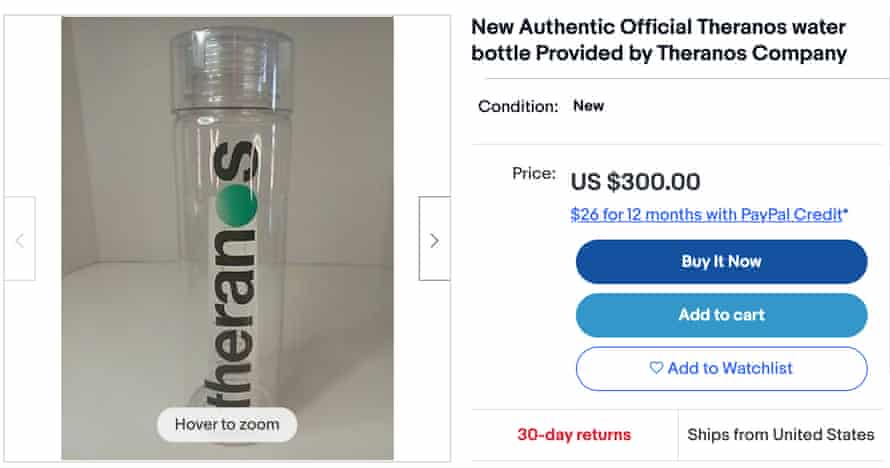 Eine mit Theranos verzierte Wasserflasche für 300 US-Dollar bei eBay.