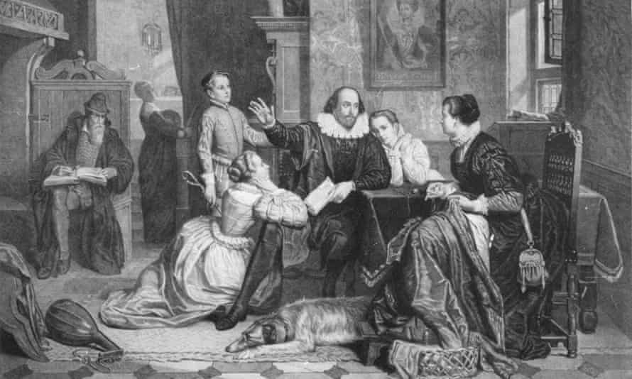 Eine Illustration von William Shakespeare, der seiner Familie Hamlet rezitiert.  Auf dem Stuhl rechts sitzt seine Frau Anne Hathaway;  sein Sohn Hamnet ist links hinter ihm;  rechts und links von ihm sitzen seine beiden Töchter Susanna und Judith.