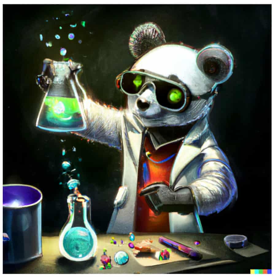 „verrückter Panda-Wissenschaftler, der funkelnde Chemikalien mischt, Kunststation“, generiert von DALL•E 2