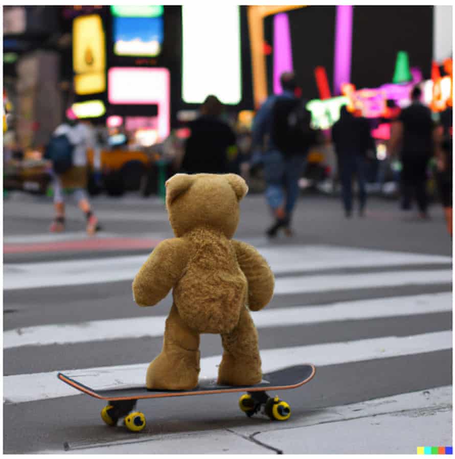 „ein Teddybär auf einem Skateboard am Times Square“, generiert von DALL•E 2