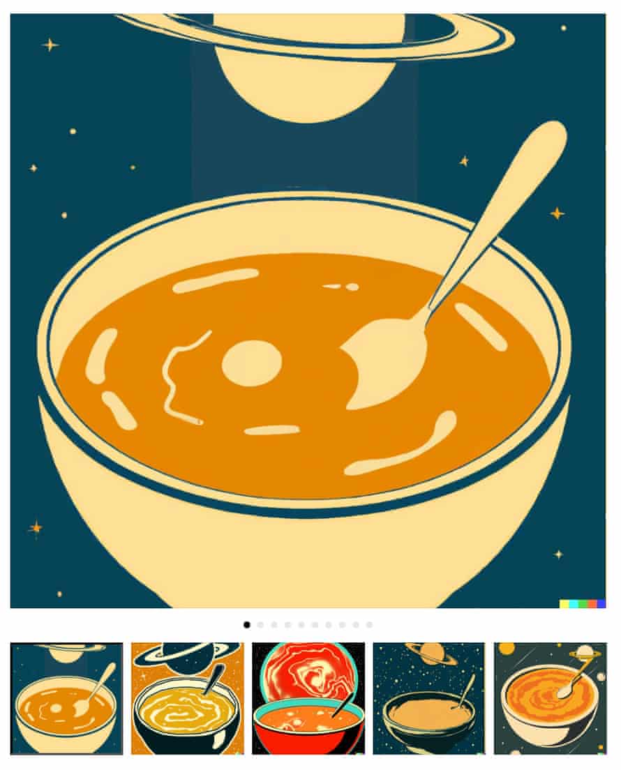 „Ein Teller Suppe als Planet im Universum als Poster aus den 1960er Jahren“ generiert von DALL•E 2