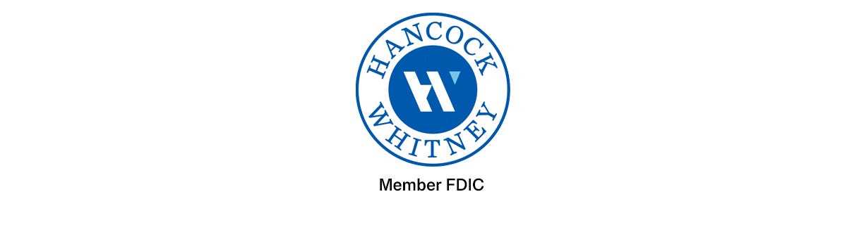 Logo der Hancock Whitney Bank mit Haftungsausschluss für Mitglieder der FDIC