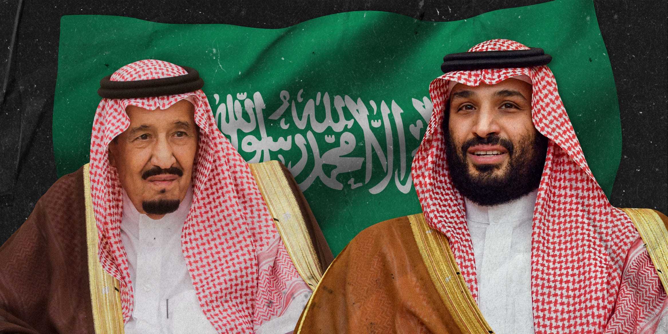 Fotos von König Salman Mikhail Metzel und Mohammed bin Salman vor der saudi-arabischen Flagge 2x1