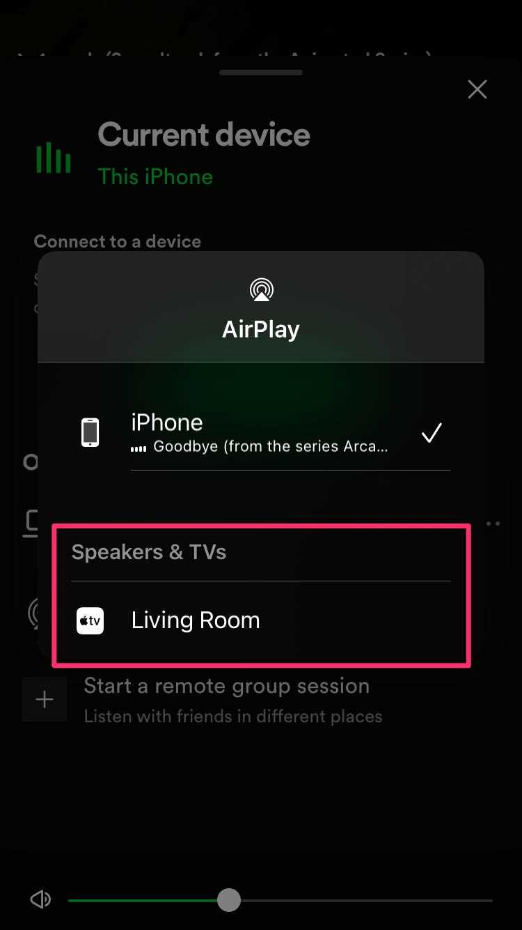 Screenshot-Hervorhebungsoptionen, die angezeigt werden, wenn versucht wird, AirPlay über die Spotify-App auszuführen.