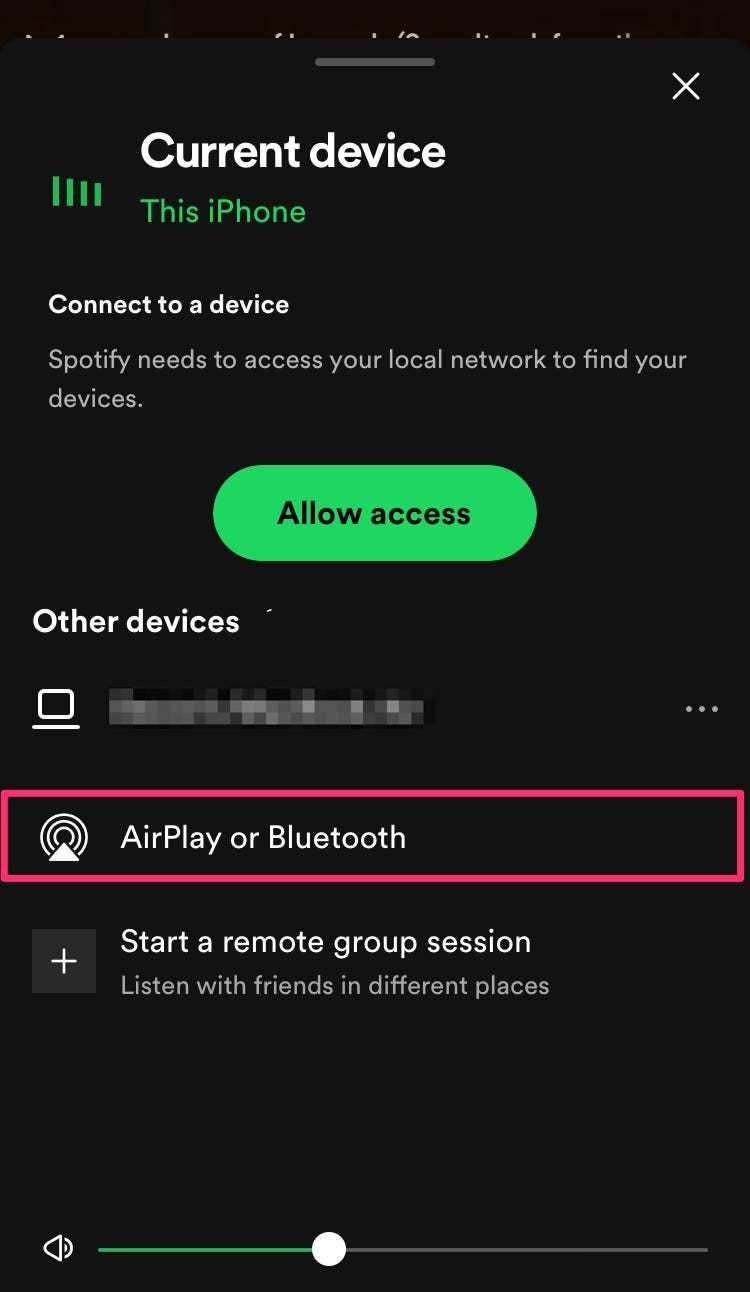 Screenshot, der die Option für den Zugriff auf AirPlay auf Spotify hervorhebt.