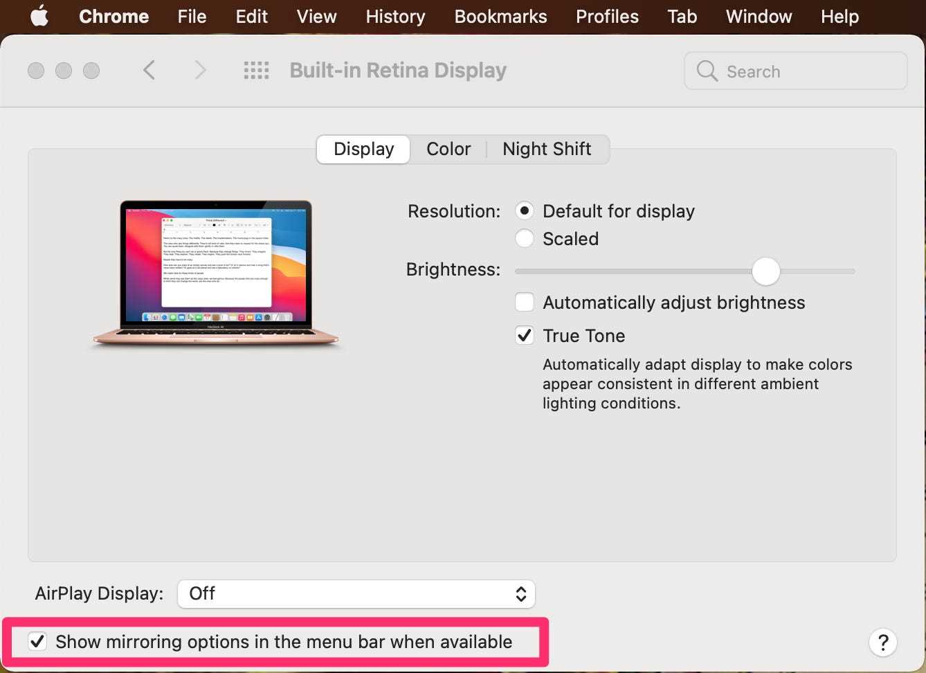 Screenshot, der die Option zum Zulassen der Spiegelung auf einem Mac hervorhebt.
