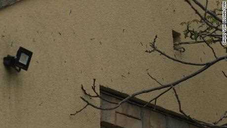 Dieses am Freitag, dem 13. Mai, aufgenommene Foto zeigt Flechette-Projektile, die in der Wand eines anderen Zivilhauses in Irpin stecken.