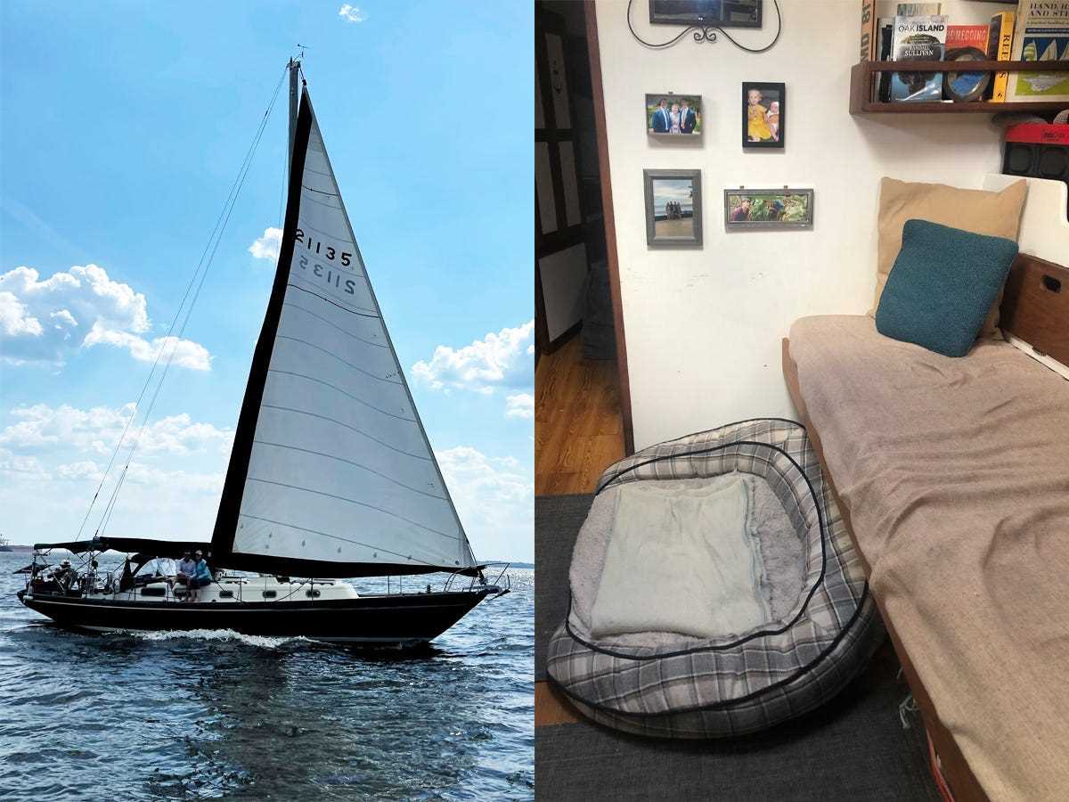 Links ein Foto des Segelboots auf See.  Rechts das kleine Wohnzimmer an Bord mit einer Couch und einem Hundebett.