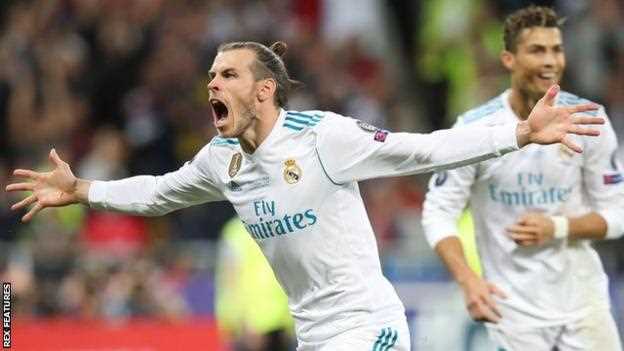 Gareth Bale feiert seinen Treffer für Real Madrid gegen Liverpool im Finale der Champions League 2018