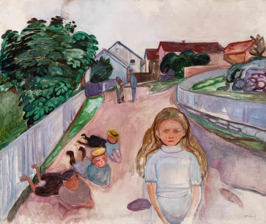 Munch-Kinder spielen auf der Straße in Asgaardstrand (1901-1903).