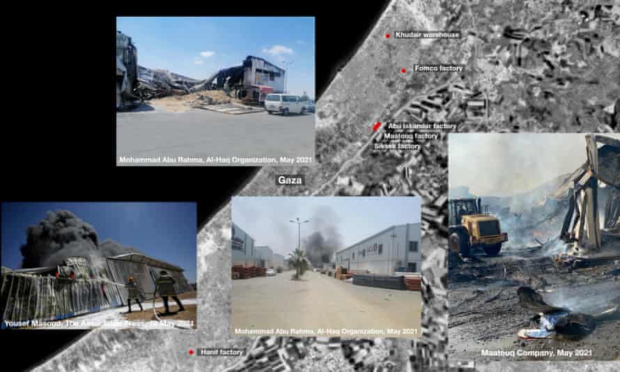 Ein zusammengesetztes Bild von anderen Fabriken und Lagern, die ebenfalls bombardiert wurden