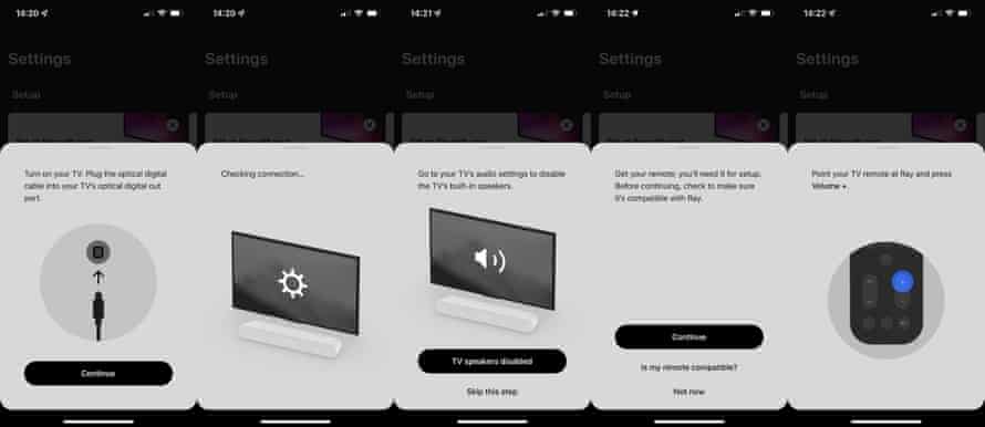 Eine Reihe von Screenshots aus der Sonos-App, die das Einrichtungsverfahren für die Ray-Soundbar zeigen.