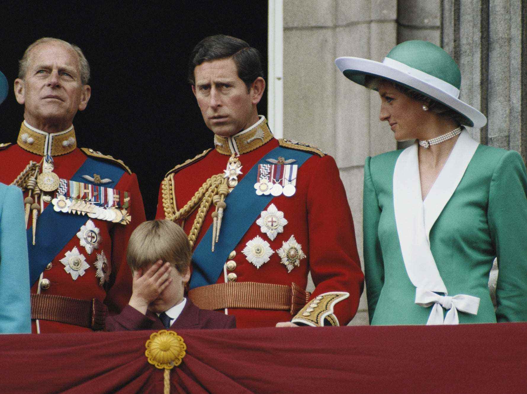 Prinz Philip, Prinz Charles, Prinzessin Diana und Prinz William bei Trooping the Colour 1988.