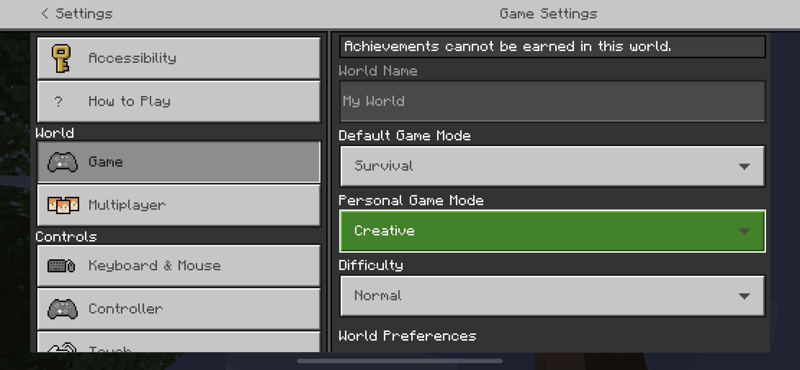 Screenshot des Minecraft PE-Einstellungsbildschirms mit hervorgehobener Spielmodusauswahl.
