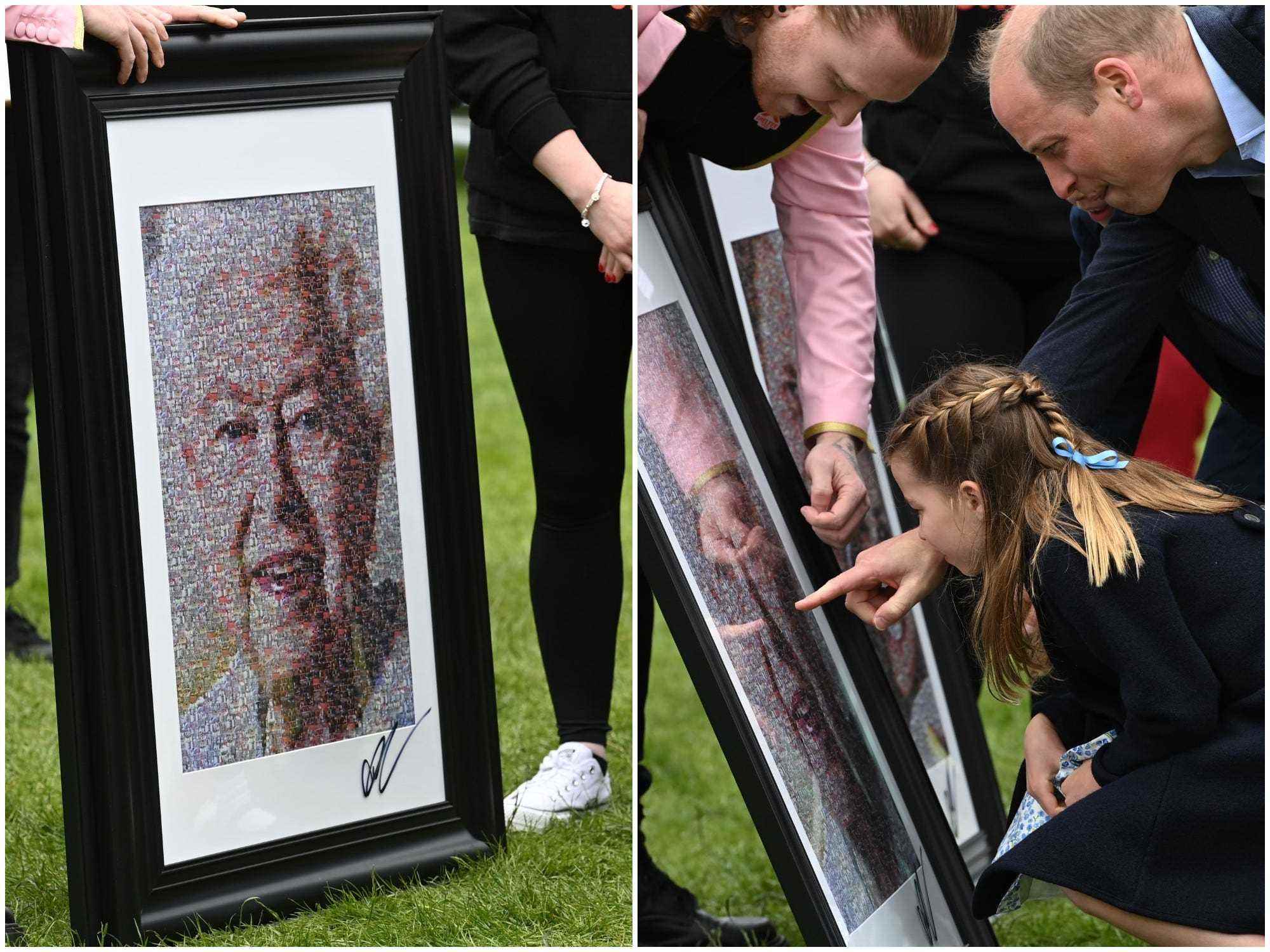 Eine Seite an Seite einer Collage von Nathan Wyburn von Queen Elizabeth II und Prinz William, die Prinzessin Charlotte die Collage zeigt