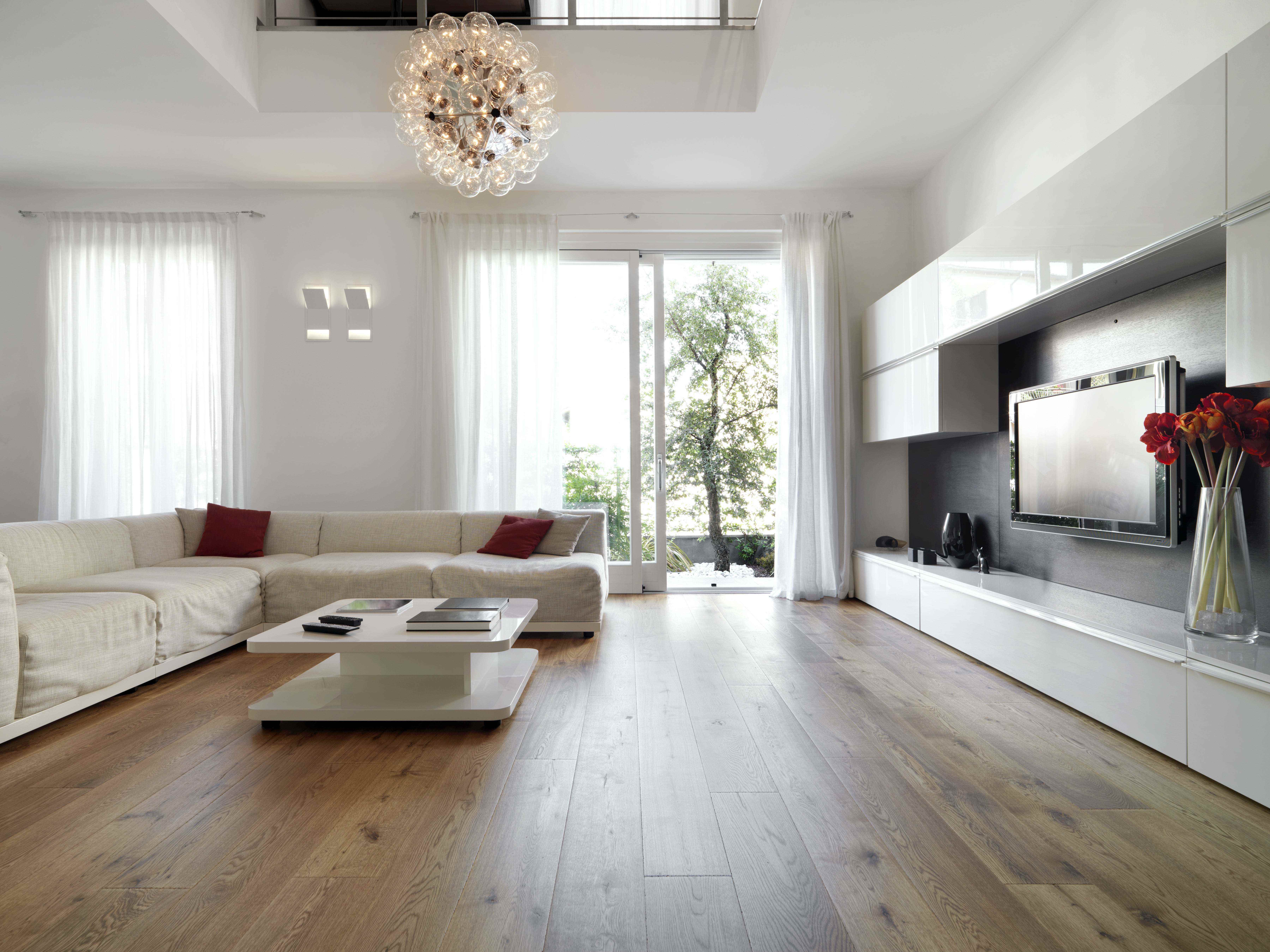 Ein Wohnzimmer mit einem weißen Sofa, einem Couchtisch, einem Fernseher und nackten Holzböden