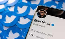Ein Bild eines Smartphones mit der Twitter-Seite von Elon Musk, mit den Twitter-„Vögeln“ im Hintergrund