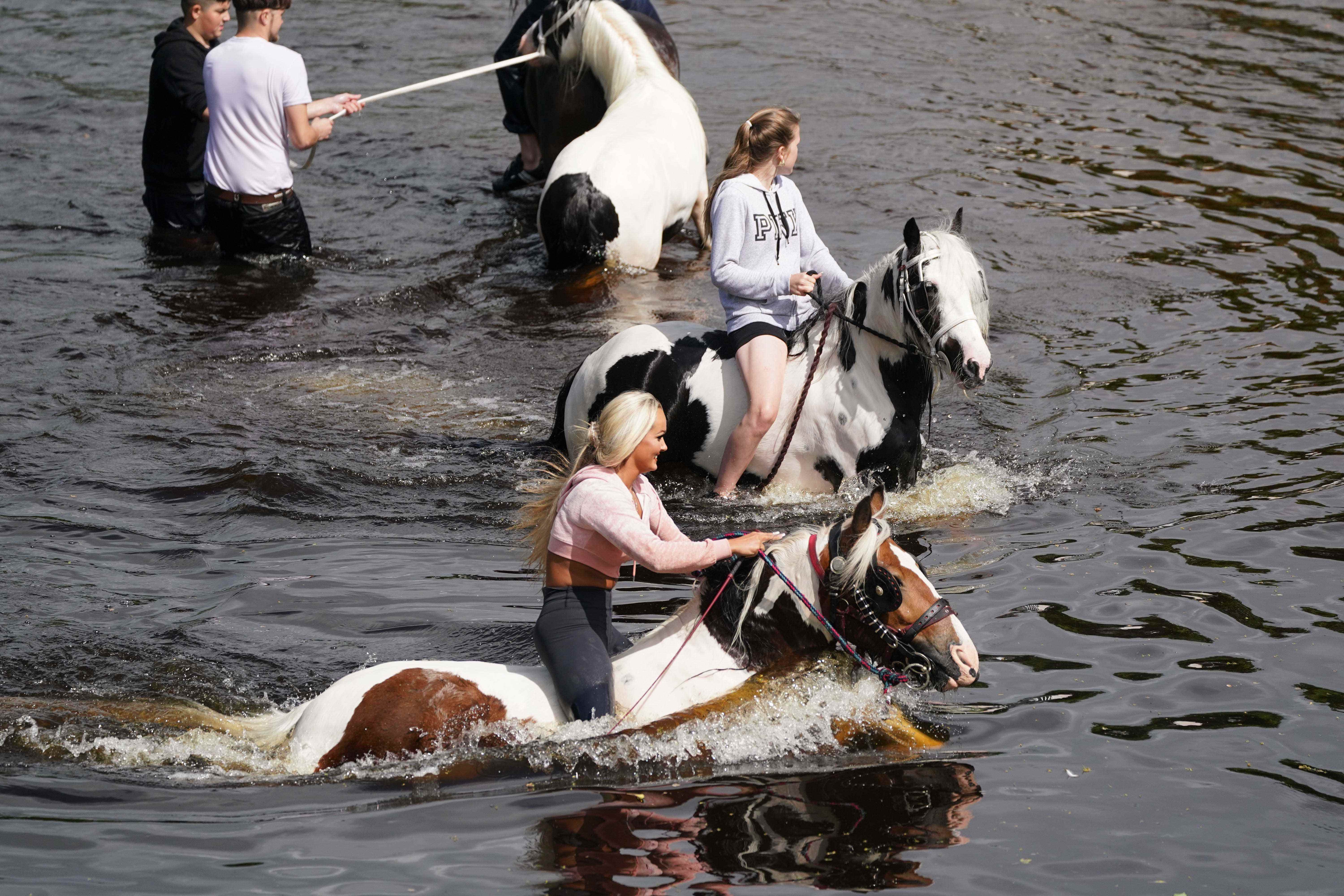 Am zweiten Tag der Appleby Horse Fair, dem jährlichen Treffen von Zigeunern und Reisenden, reiten Menschen im Fluss Eden.