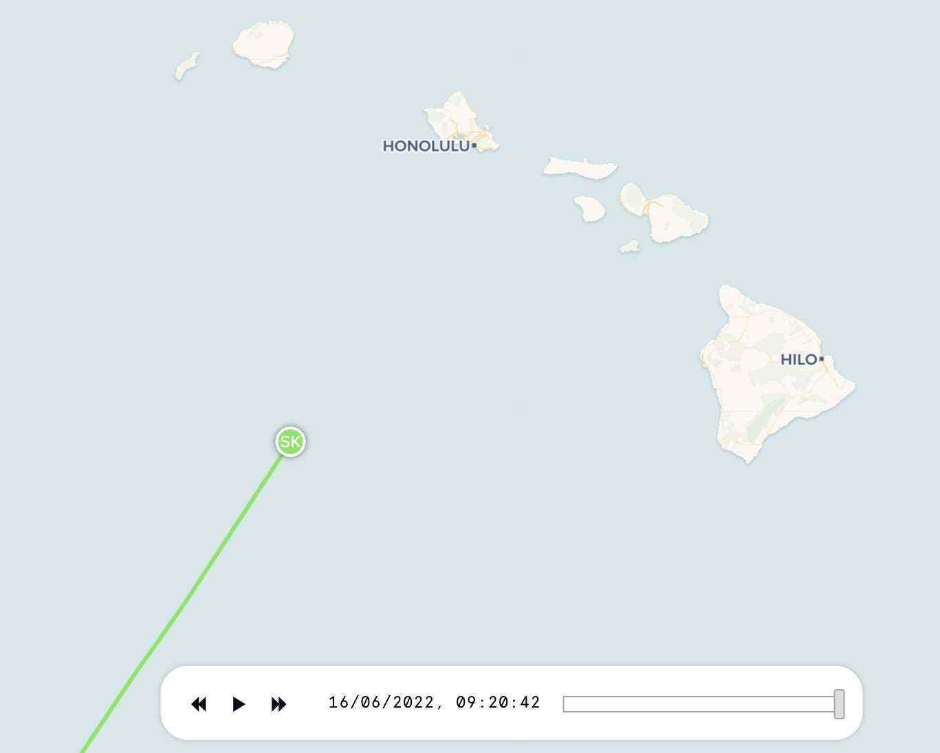 Screenshot von Spire-Daten, der die Position von Suleyman Kerimovs Yacht Amadea zeigt, die sich Hawaii nähert.