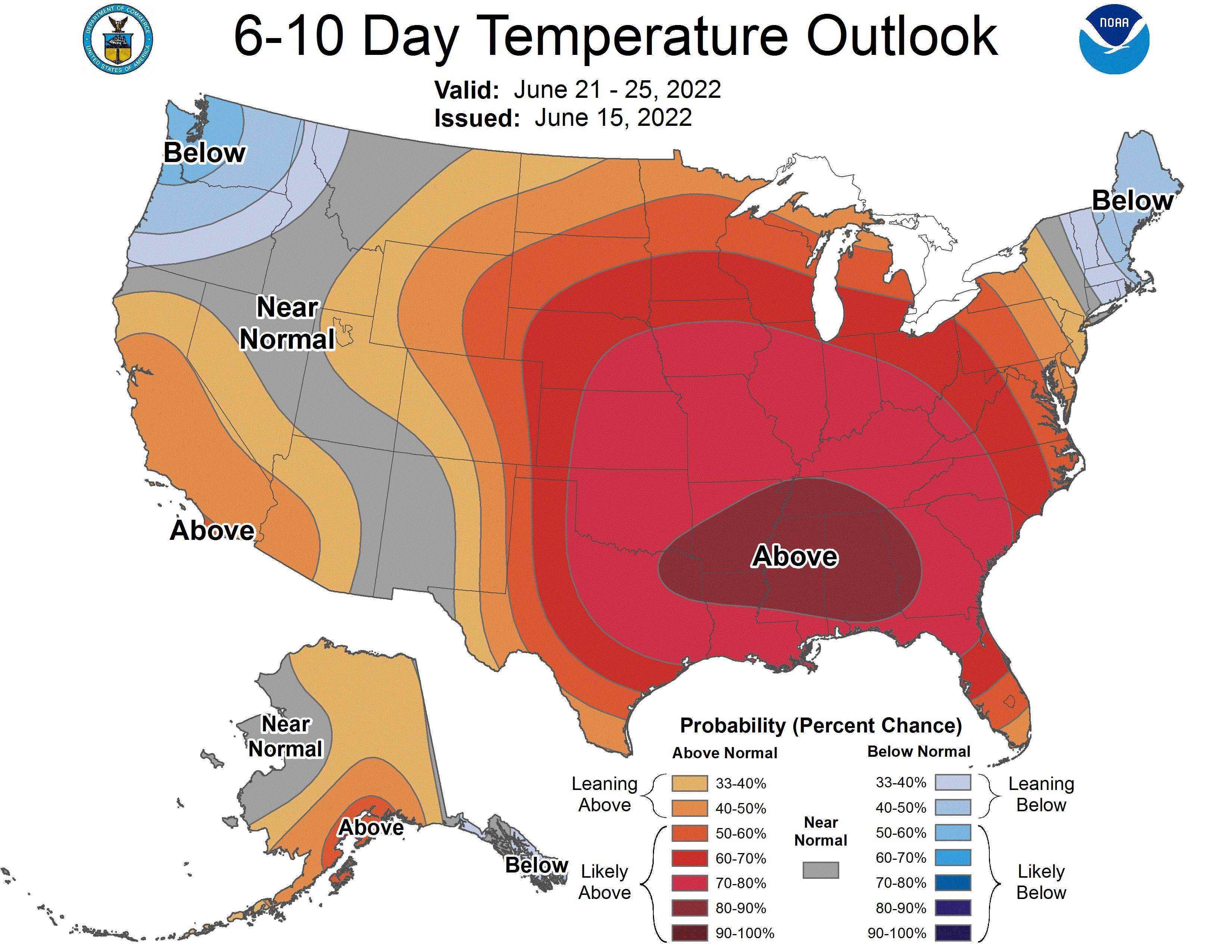 Der einwöchige Ausblick der US-Heatmap zeigt tiefrote überdurchschnittliche Temperaturen in den zentralen und östlichen Regionen