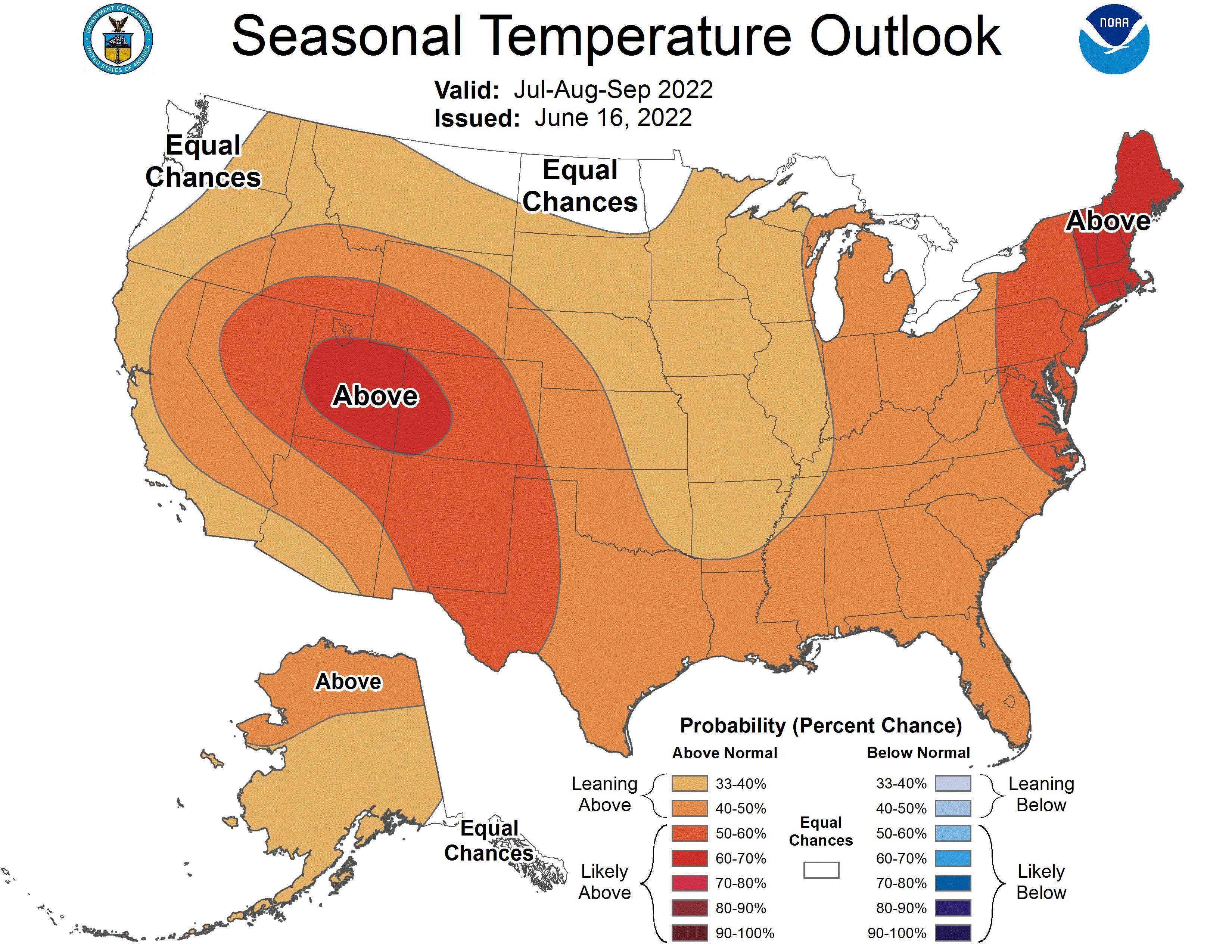 US-Heatmap Dreimonatsausblick zeigt orange überdurchschnittliche Temperaturen im ganzen Land