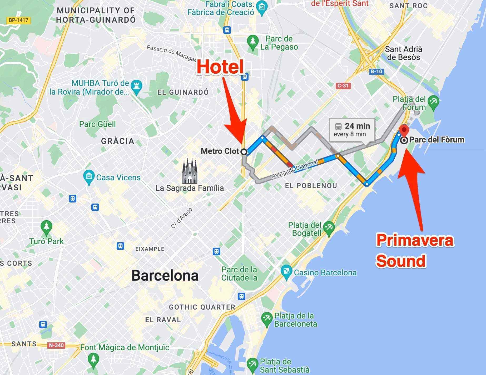 Eine Karte mit den Standorten des Hotel Catalonia Atenas und des Parc del Fòrum.
