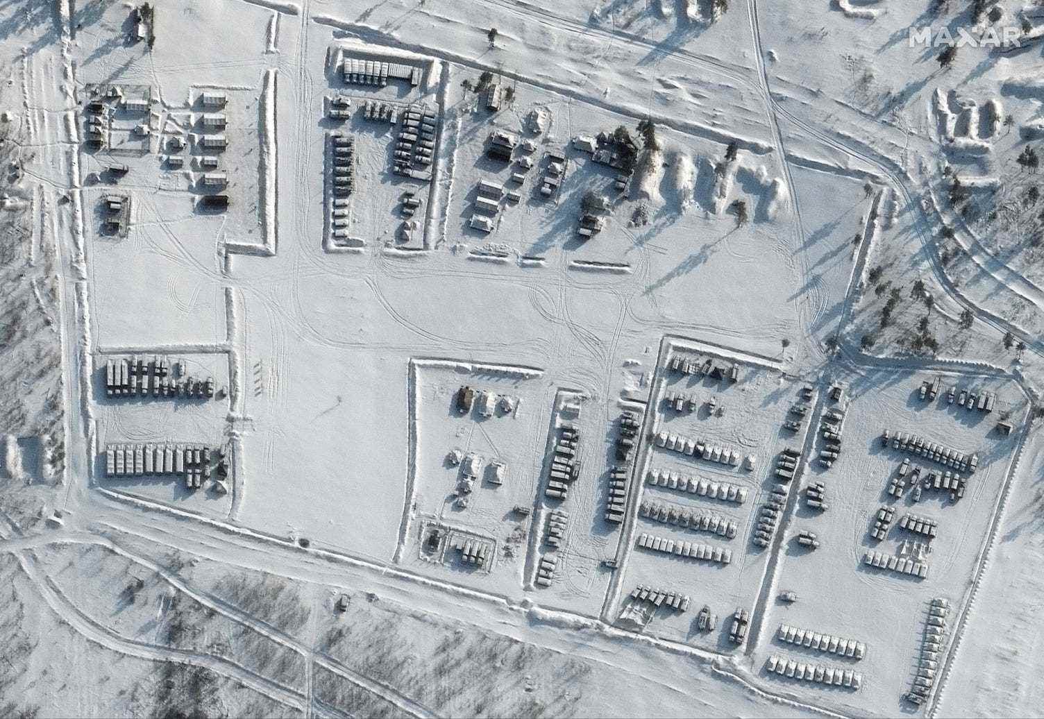 Blick auf russische Kampfgruppen auf dem Truppenübungsplatz Pogonovo am 26. Januar 2022.