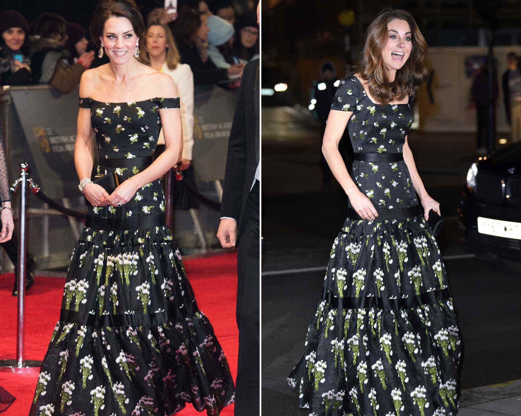 Kate Middleton in einem geblümten Kleid von Alexander McQueen, einmal im Off-the-Shoulder-Look und einmal mit Flügelärmeln