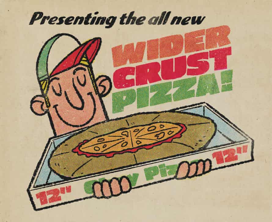 Eine Parodie-Pizza-Werbung: „Präsentiert die brandneue PIZZA MIT WEITERER KRUSTE!“