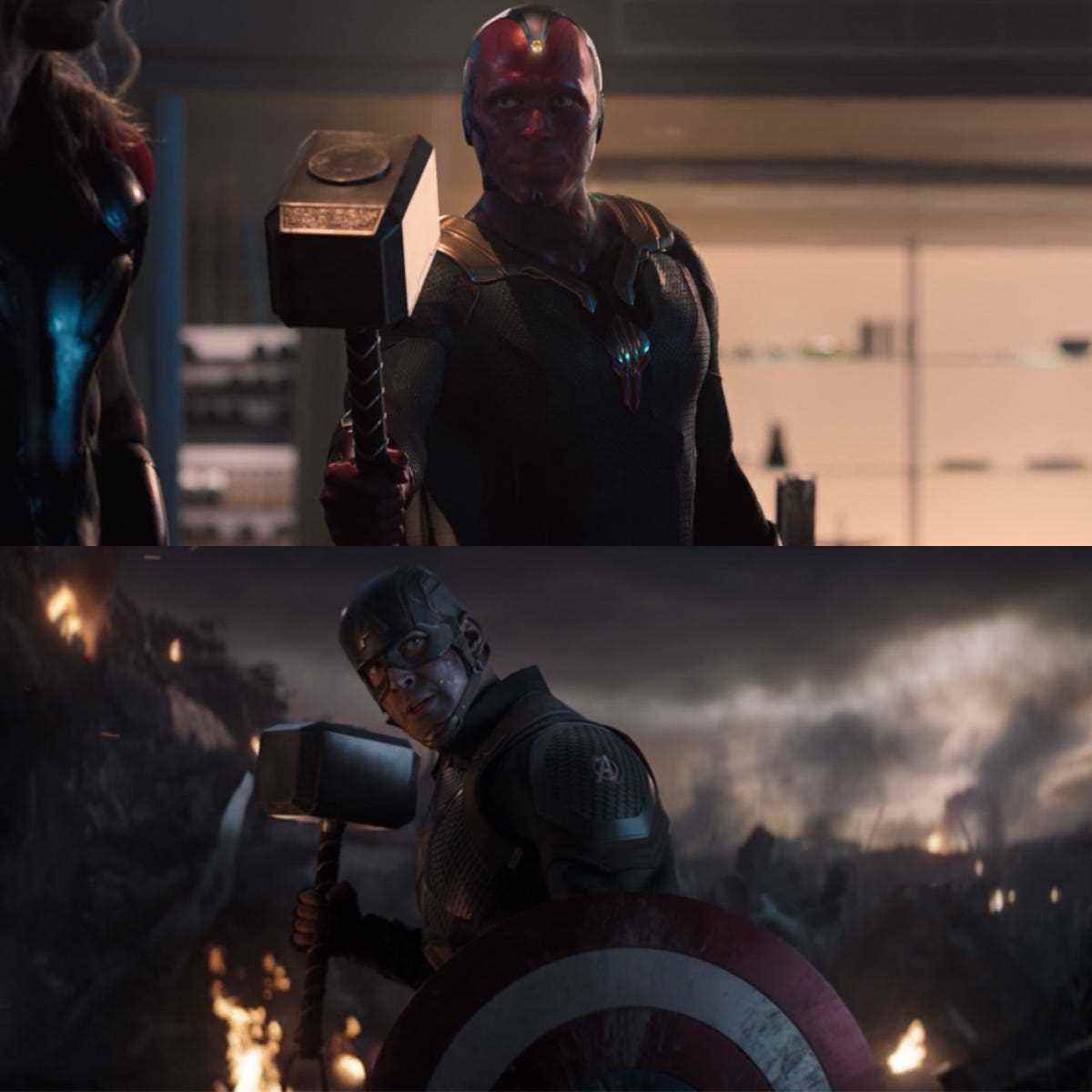 Im oberen Bild: Vision mit dem Hammer in „Avengers: Age of Ultron“.  Im unteren Bild: Captain America mit dem Hammer in „Avengers: Endgame“.