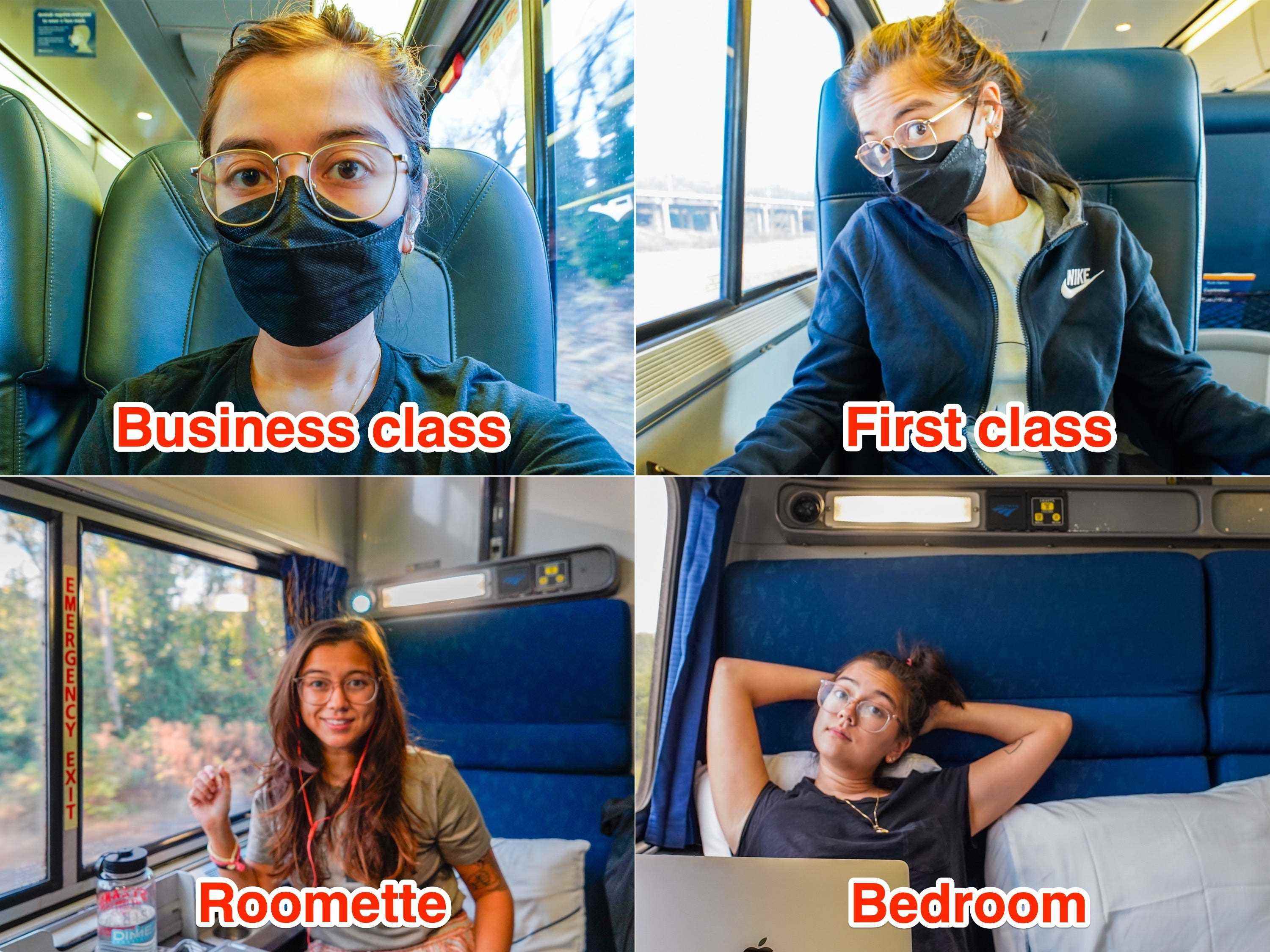 Der Autor sitzt in vier verschiedenen Amtrak-Unterkünften (von links oben nach rechts unten): Business, First, Roomette und Bedroom