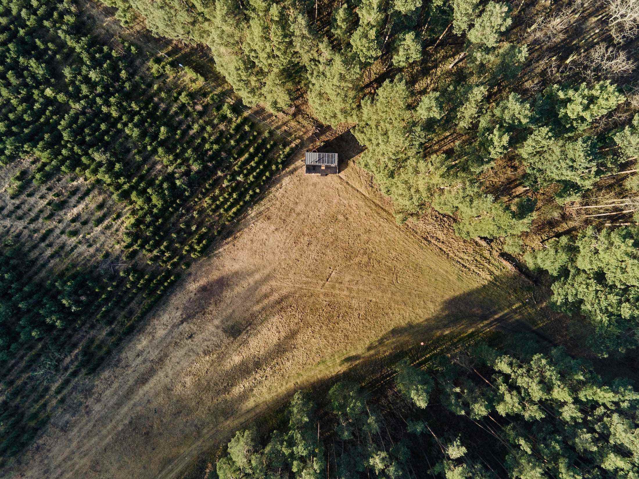 Eine Draufsicht auf eine Raus-Hütte in der Natur, umgeben von Bäumen und offenen Feldern.