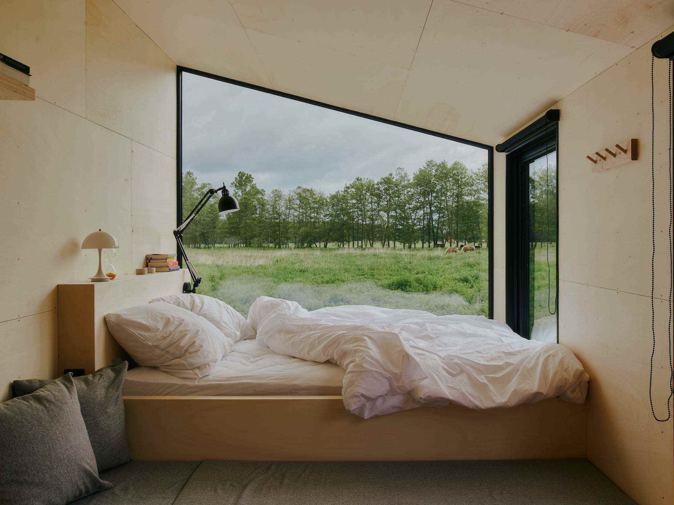 Ein Blick in eine Raus-Hütte mit einem Bett in Fensternähe.
