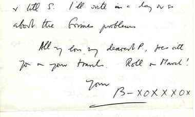 Die letzten Zeilen eines Briefes, der 1968 zwischen Benjamin Britten und Peter Pears geschrieben wurde.
