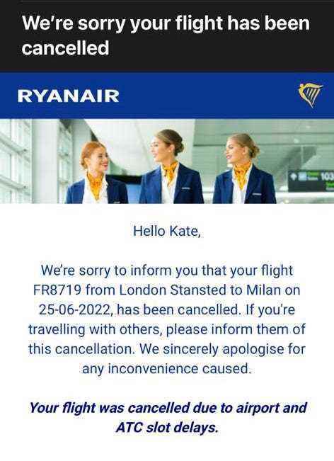 Screenshot der E-Mail, die Ryanair gesendet hat, um mitzuteilen, dass der Flug storniert wurde.