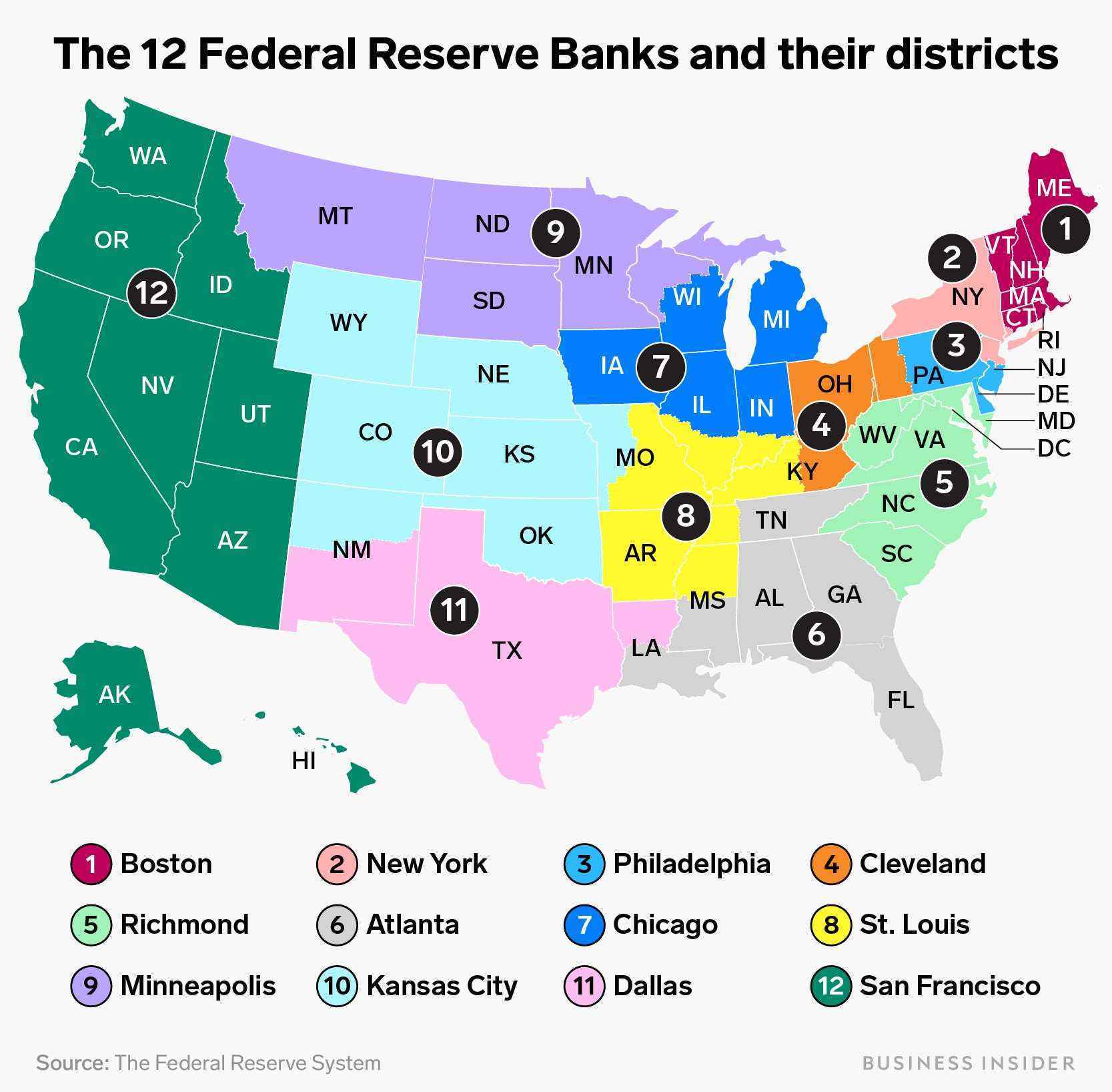 Karte mit 12 Bundesreservebanken und ihren Distrikten