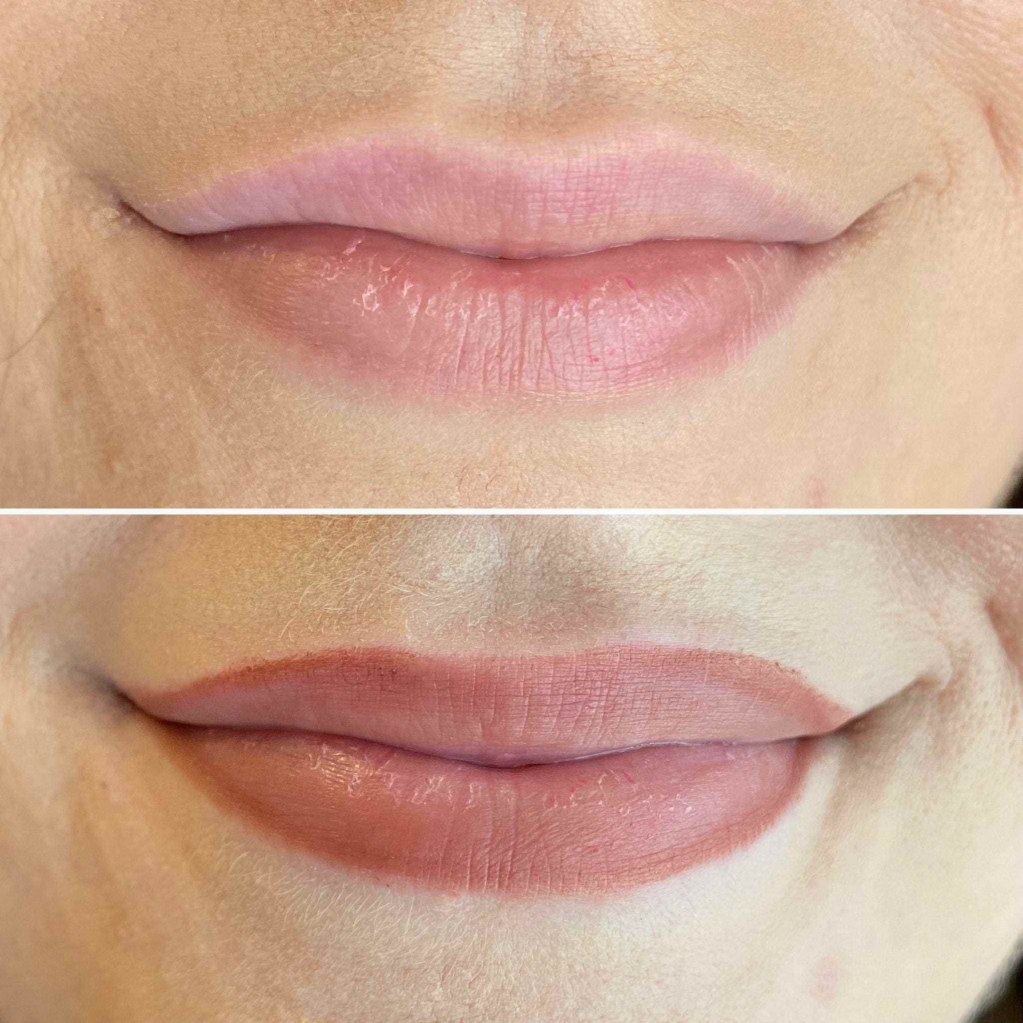 Meine Lippen ohne Liner (oben) und meine Lippen mit dem Lipliner von Rare Beauty (unten).