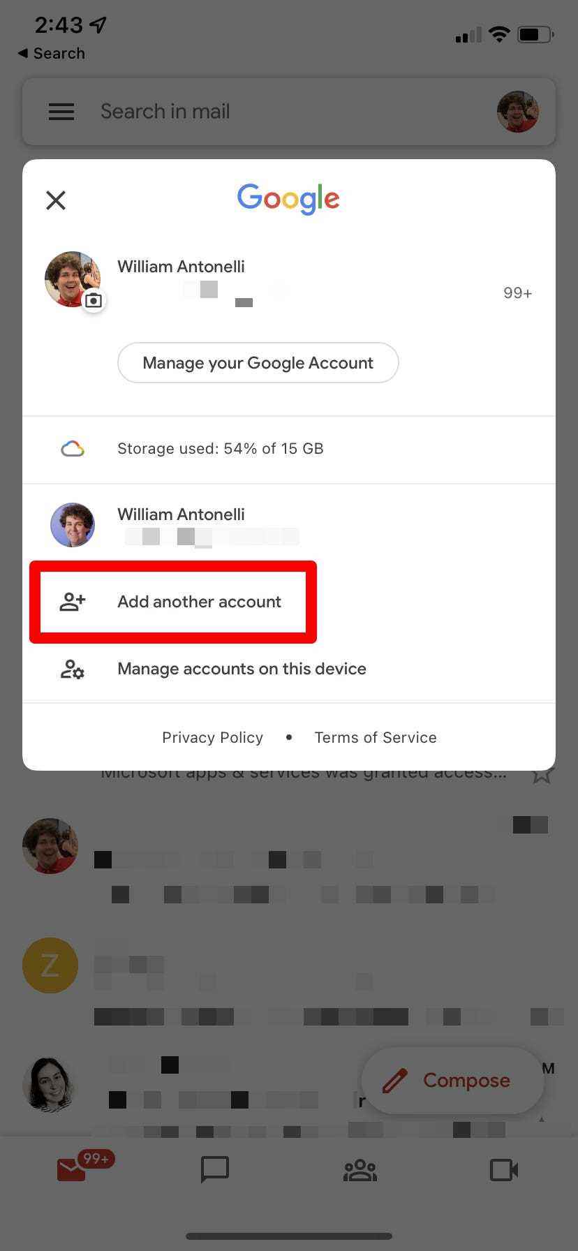 Das Kontomenü in der Google Mail-App mit hervorgehobener Option „Weiteres Konto hinzufügen“.