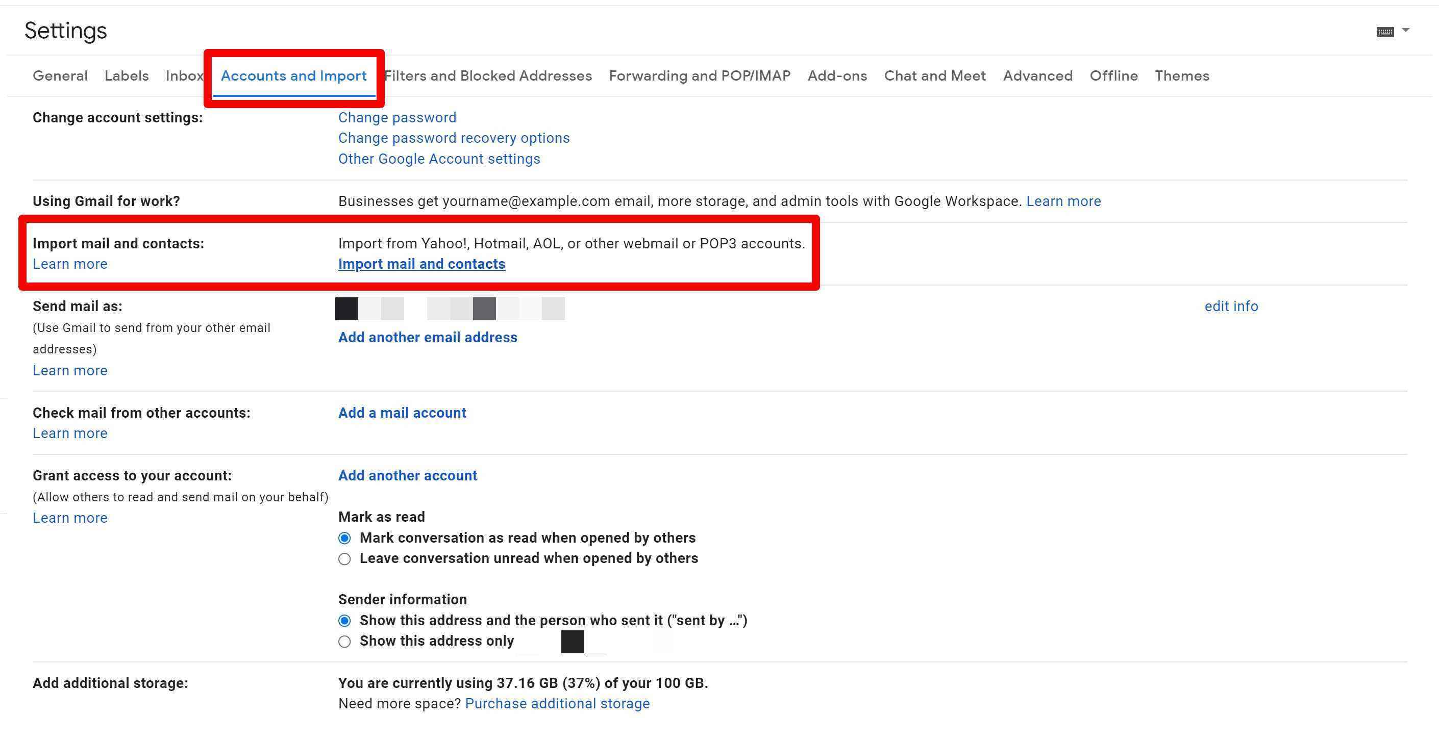 Die Seite „Konten und Import“ auf der Google Mail-Website mit hervorgehobener Option „Von einer anderen Adresse importieren“.