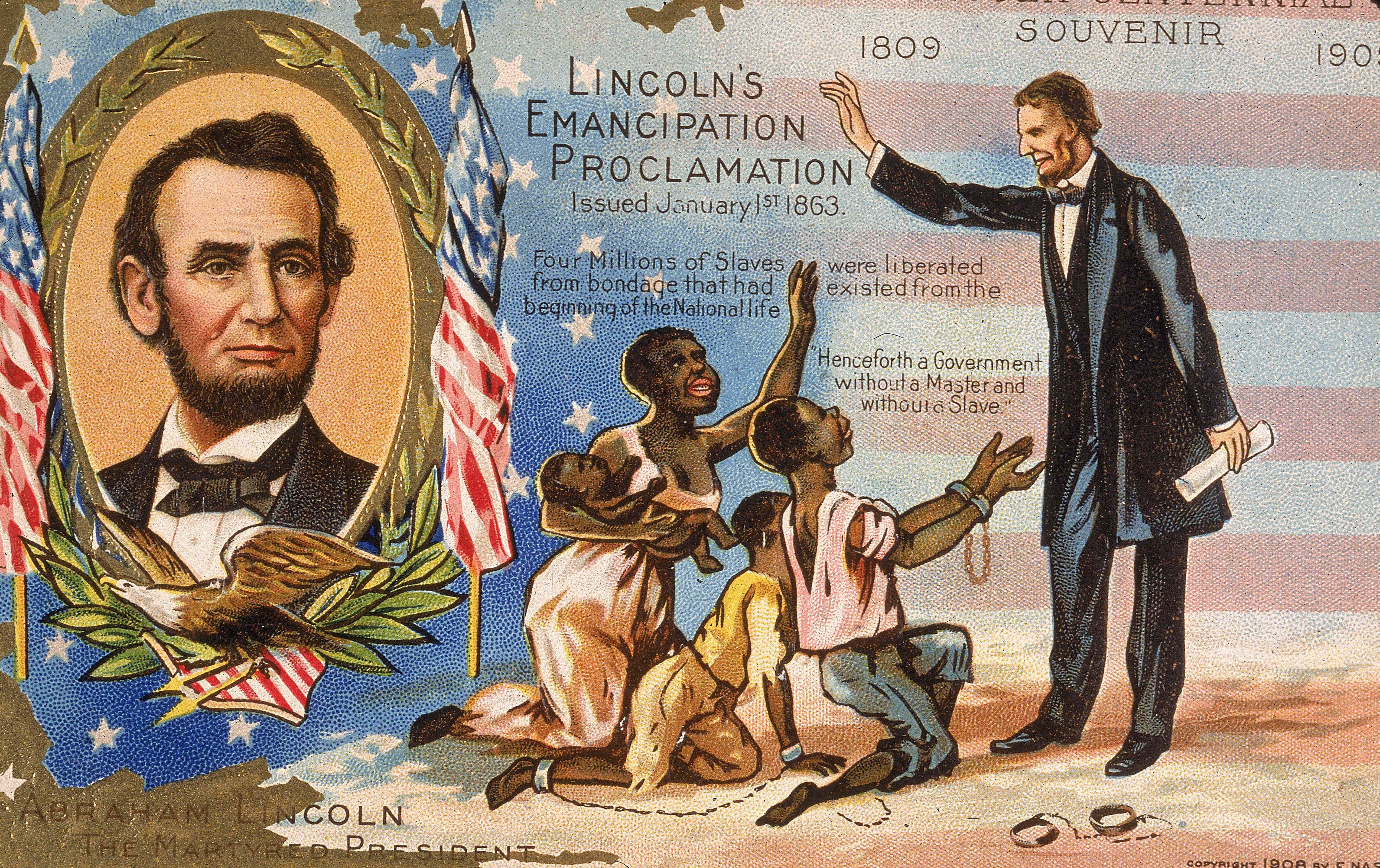 Postkarte zu Ehren von Präsident Abraham Lincoln (1809-1865) für seine Emanzipationsproklamation zur Befreiung versklavter Menschen, 1863.
