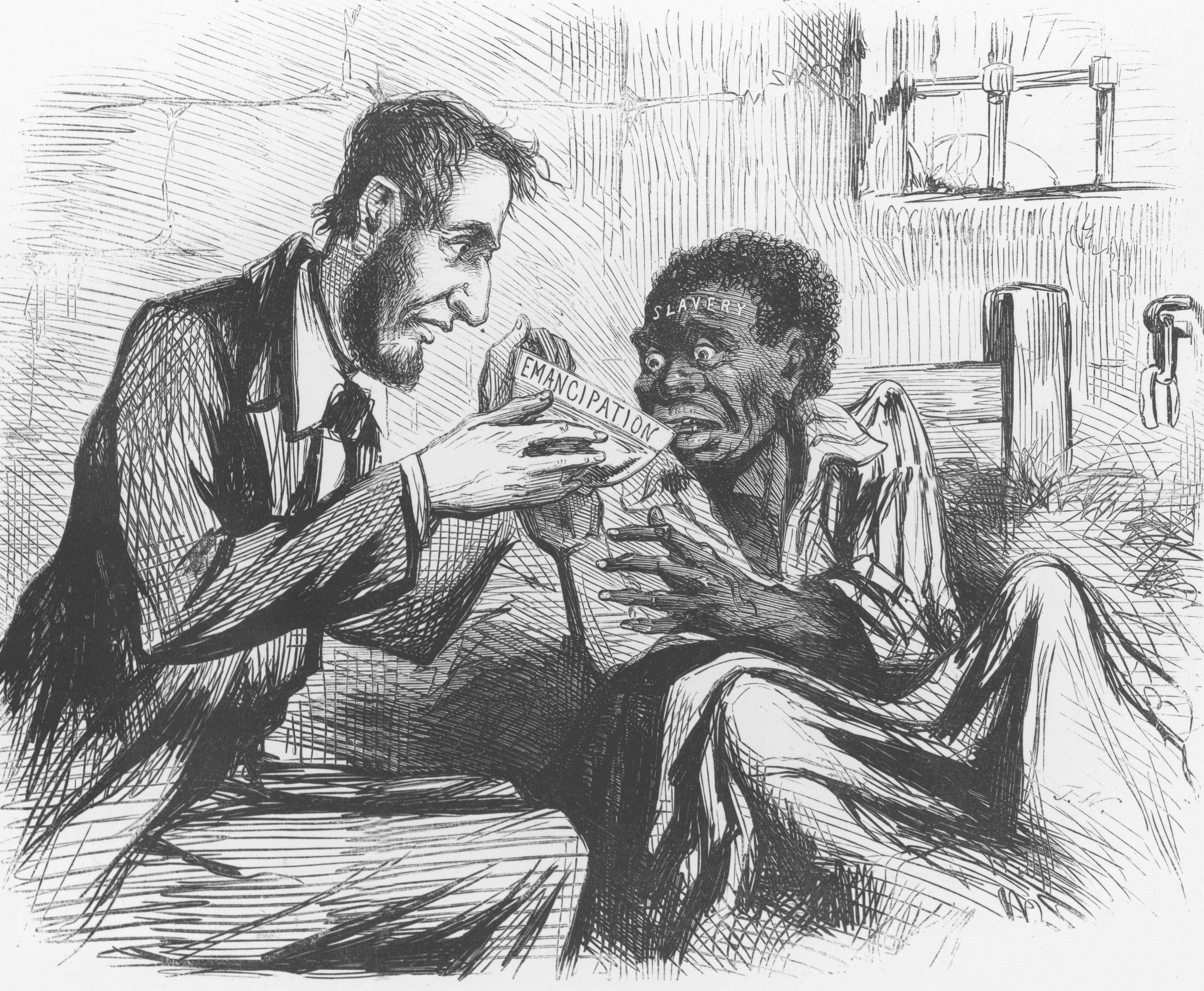 Karikatur von Abraham Lincoln, der einen bettlägerigen schwarzen Sklaven um 1873 mit einer Schale der Emanzipation füttert.