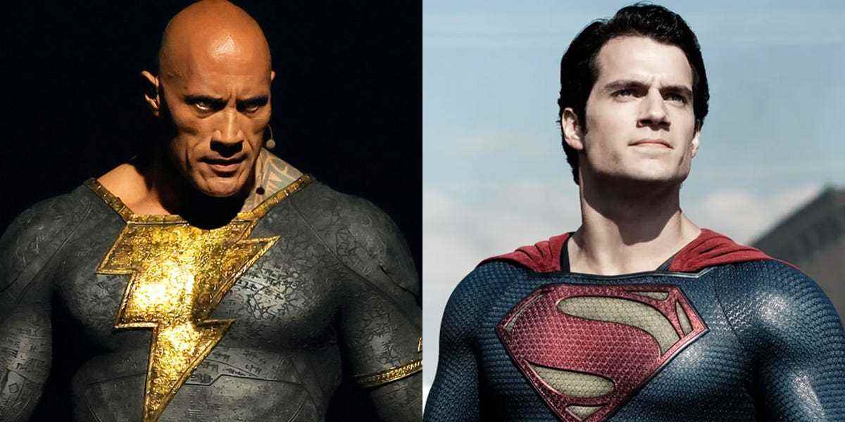 Links: Dwayne Johnson auf der Bühne des Warner Bros.-Panels, das auf der San Diego Comic-Con für „Black Adam“ wirbt.  Rechts: Henry Cavill als Superman in „Man of Steel“.