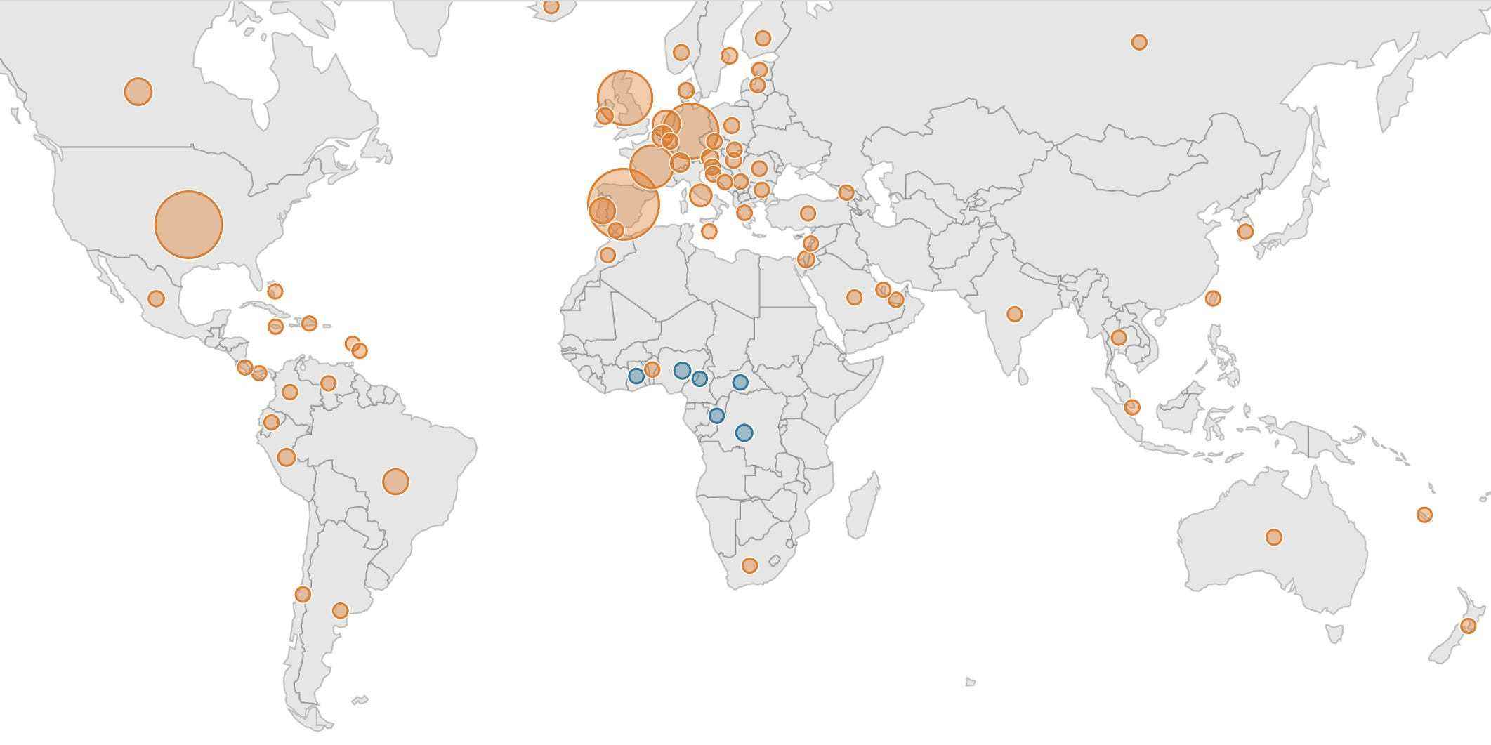 Eine Weltkarte zeigt die globale Verteilung der Fälle beim Ausbruch der Affenpocken im Jahr 2022.