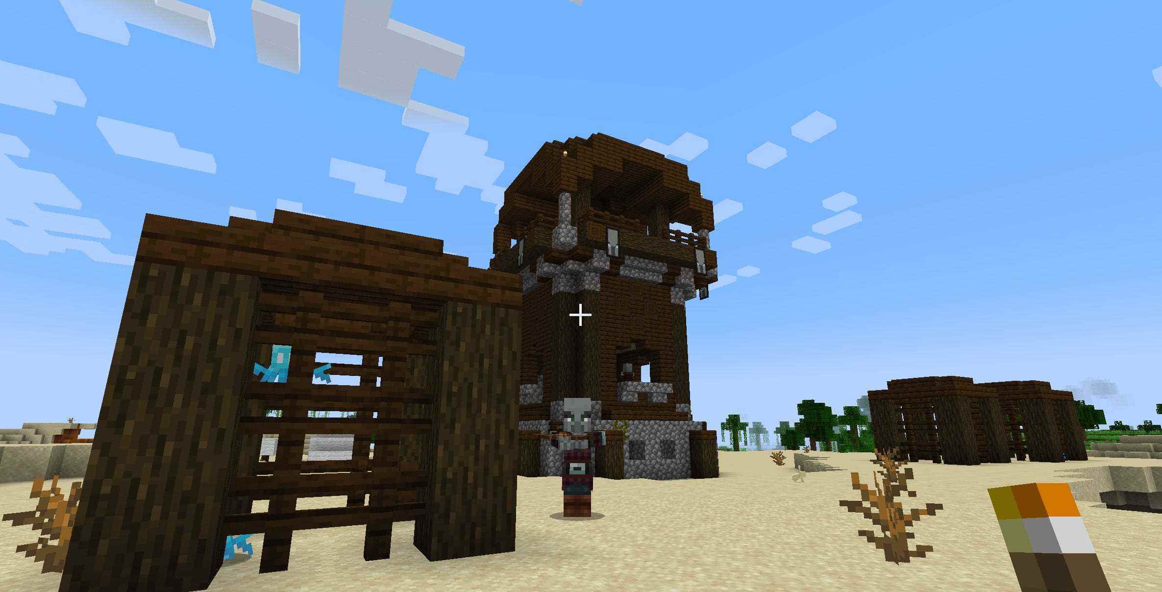 Ein Plünderer-Außenposten in Minecraft, mit zwei Allays, die draußen in einem Käfig gefangen sind.