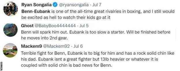 Fans auf Twitter sind begeistert von der Aussicht, dass Conor Benn gegen Chris Eubank Jr. kämpfen wird. Ein Fan sagt "Ich würde mich wahnsinnig freuen".