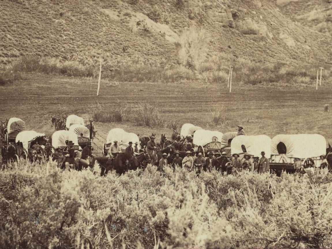 Heilige der Letzten Tage reisen 1870 mit einem Wagen zum Echo Canyon in Utah