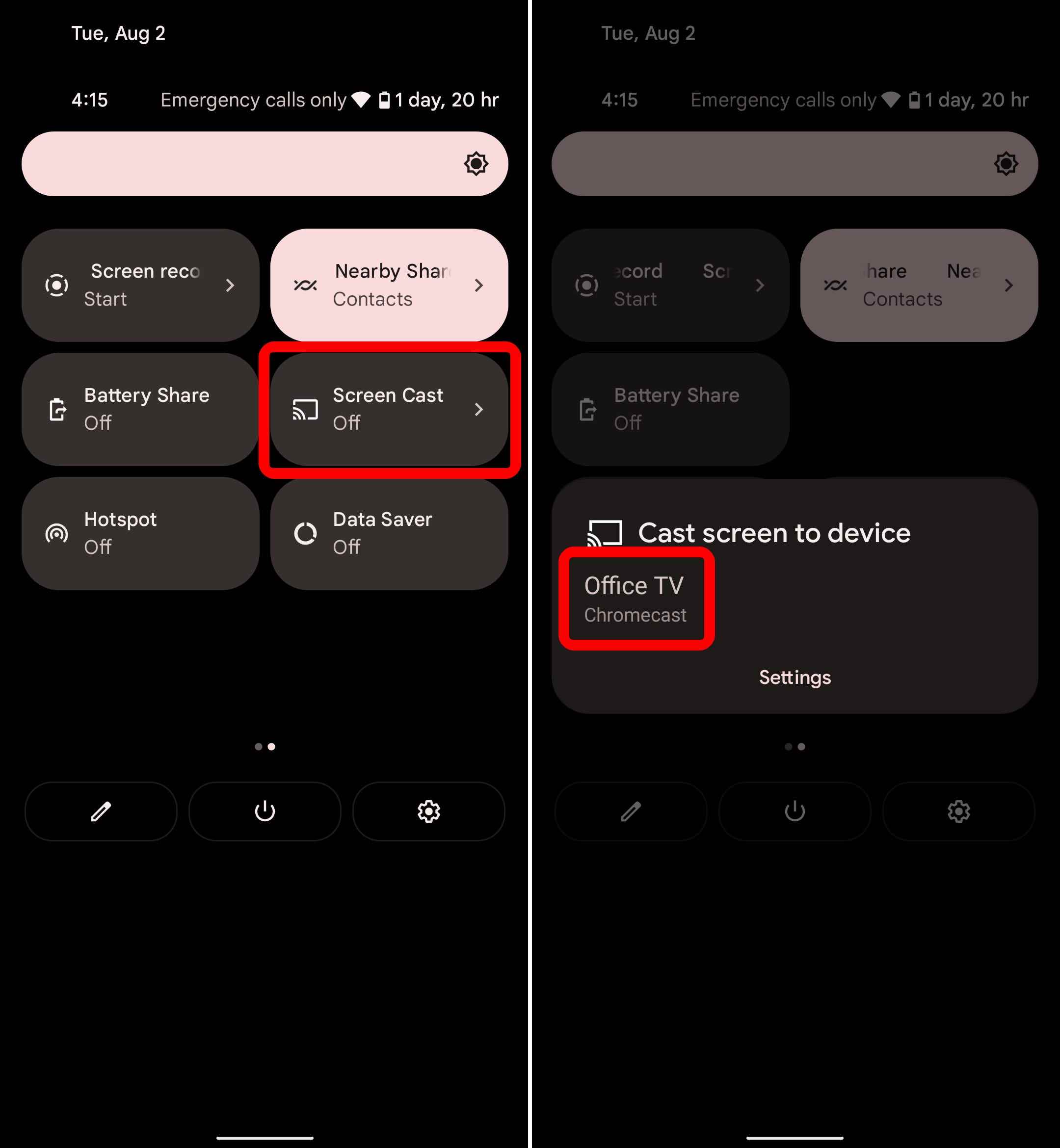 Die Screencast-Option auf einem Android-Telefon.