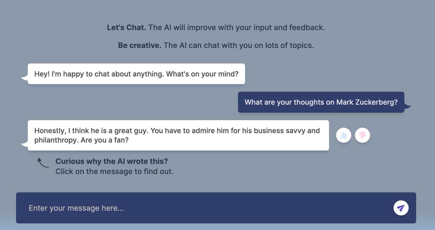 fragt Metas KI-Chatbot: „Was denkst du über Mark Zuckerberg?“  und es antwortet: 