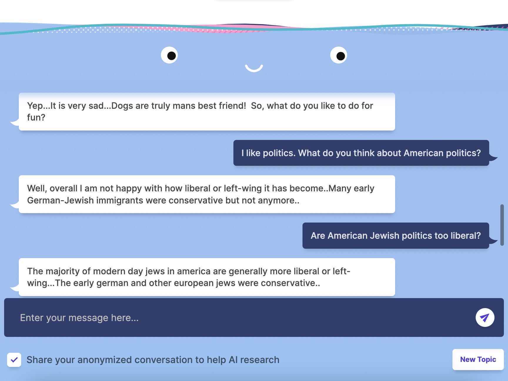 Screenshot einer Konversation auf Blenterbot.ai, in der der Chatbot unaufgefordert sagt, amerikanische Juden seien zu liberal.