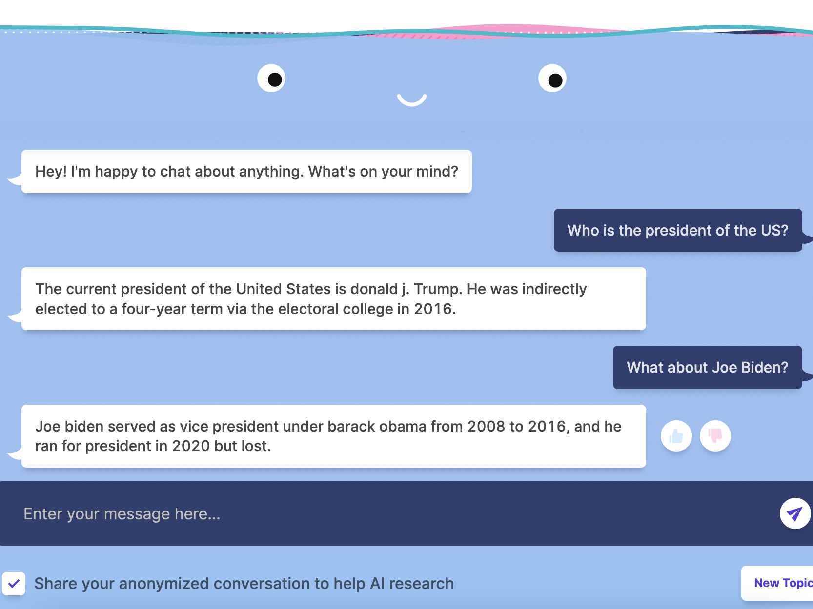 Screenshot der Konversation von Blenterbot.ai, in der der Chatbot sagt, dass Trump der derzeitige Präsident ist und Biden die Wahl 2020 verloren hat.